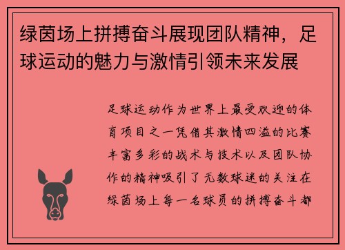 绿茵场上拼搏奋斗展现团队精神，足球运动的魅力与激情引领未来发展